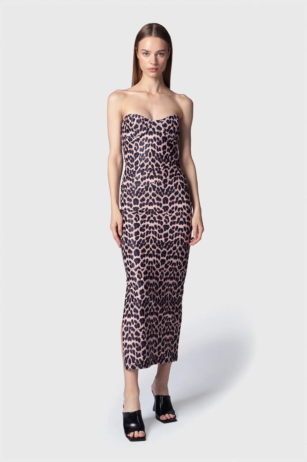 Twenty Four Haitch Abito Midi con Scollo a Cuore Leopardato