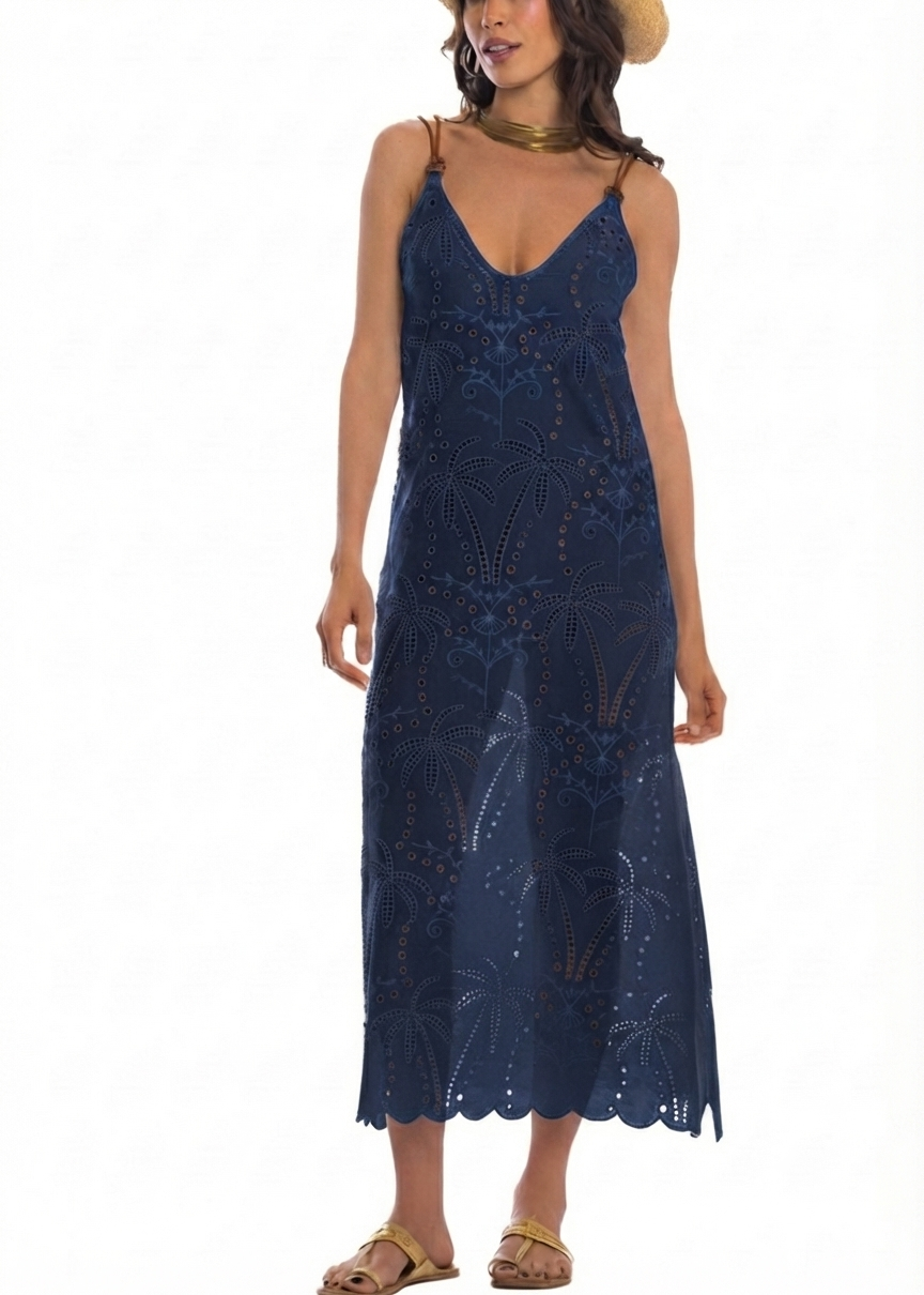 Pin Up Abito Lungo In Pizzo Sangallo Blu