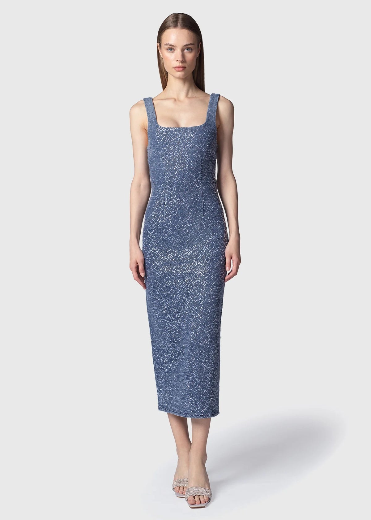 Twenty Four Eitch Abito Midi Samoa in Denim con Zip sul Retro e Microstrass Argento