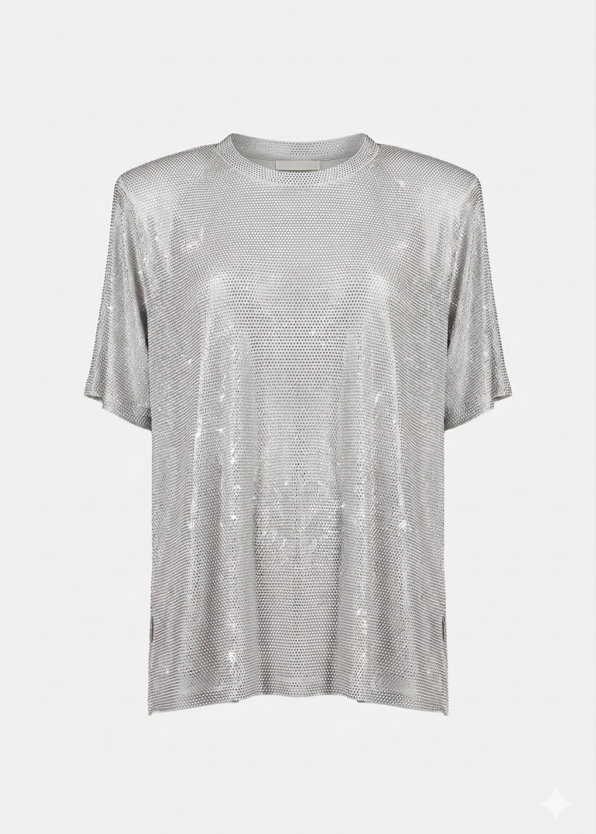 Twenty For Haitch T-Shirt Over in Tulle con Manica Corta Imbottita Argento