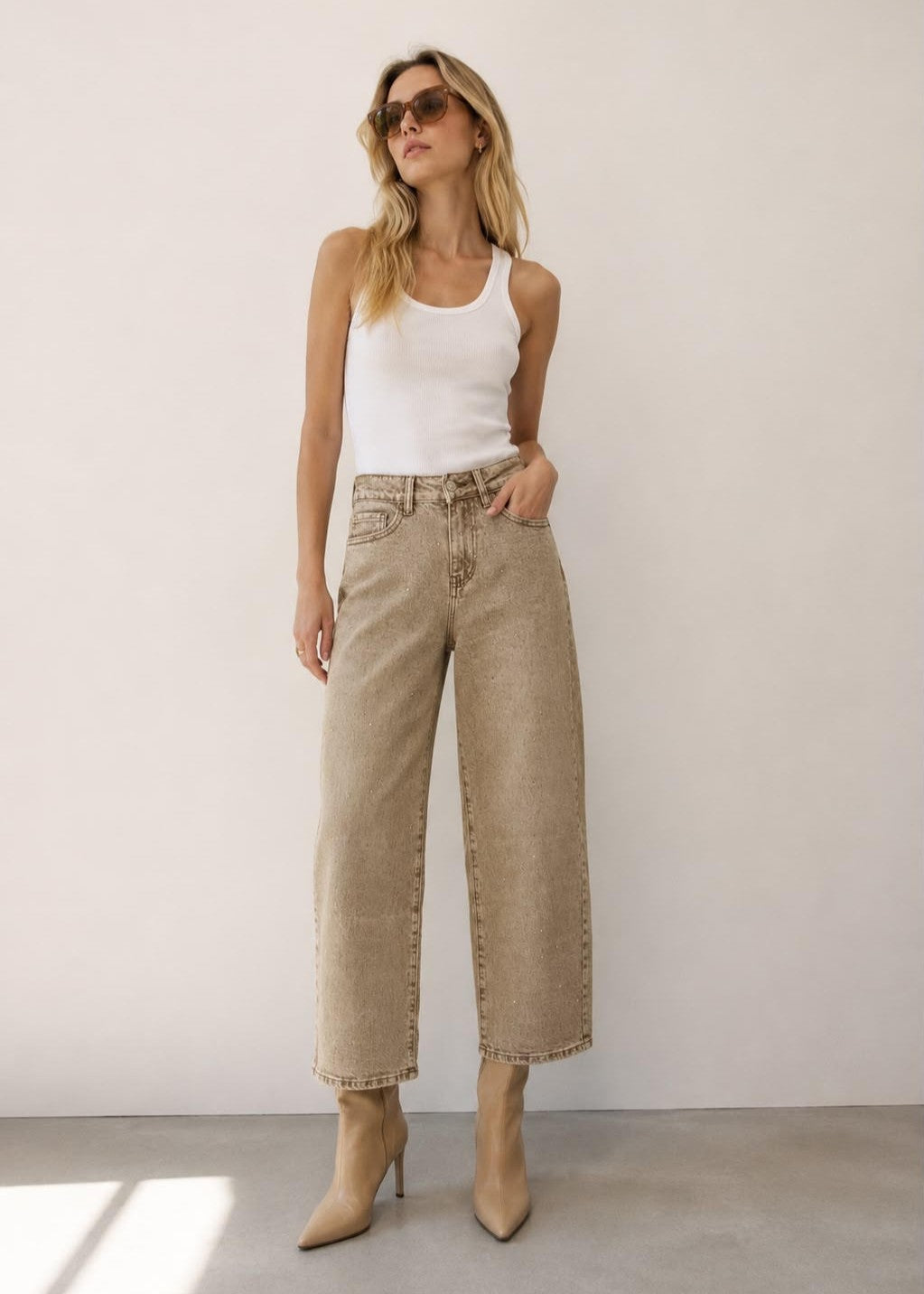 People Jeans Straight con Strass Sabbia