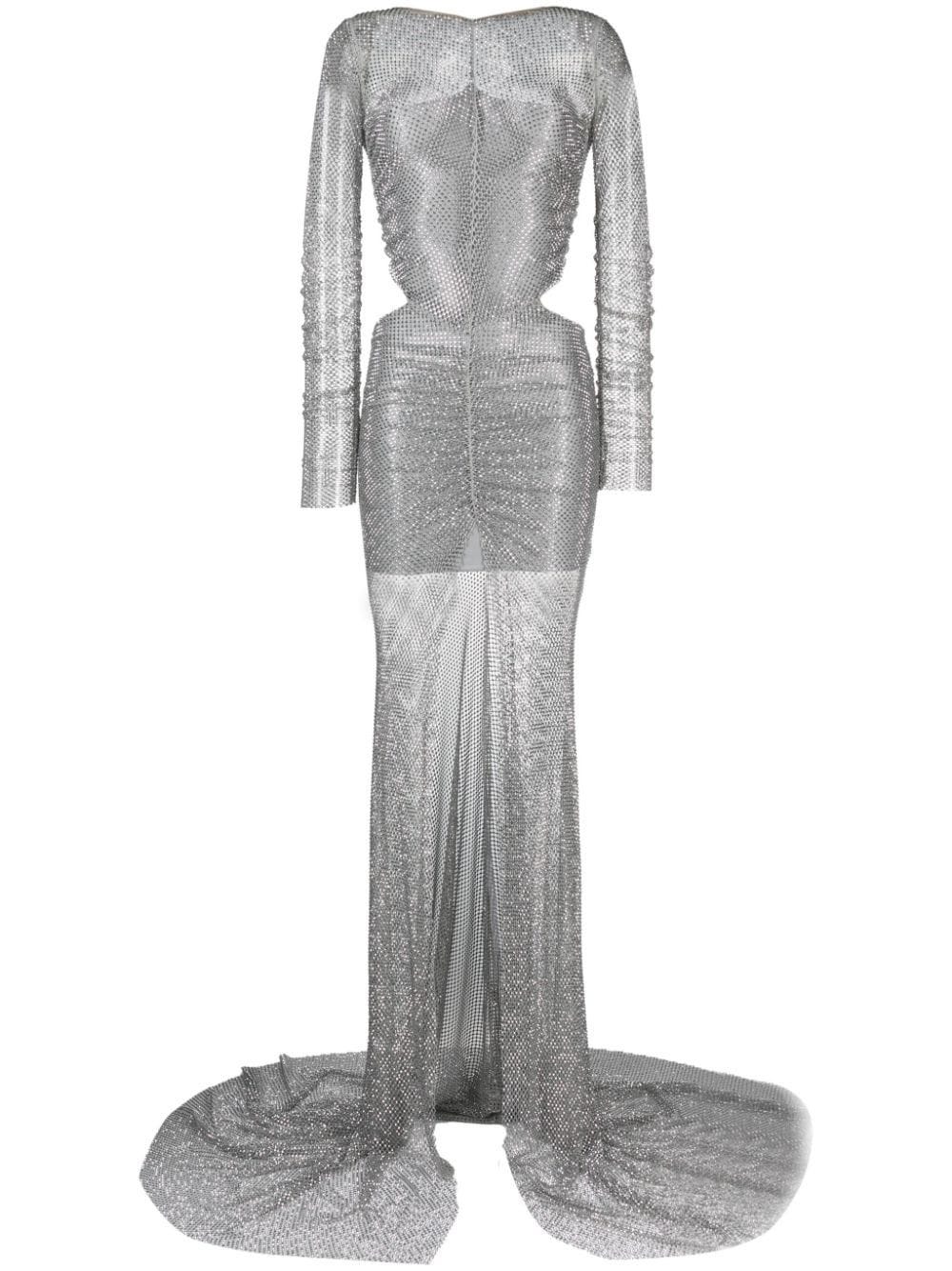 GIUSEPPE DI MORABITO SILVER LONG DRESS WITH CRYSTAL DECORATION