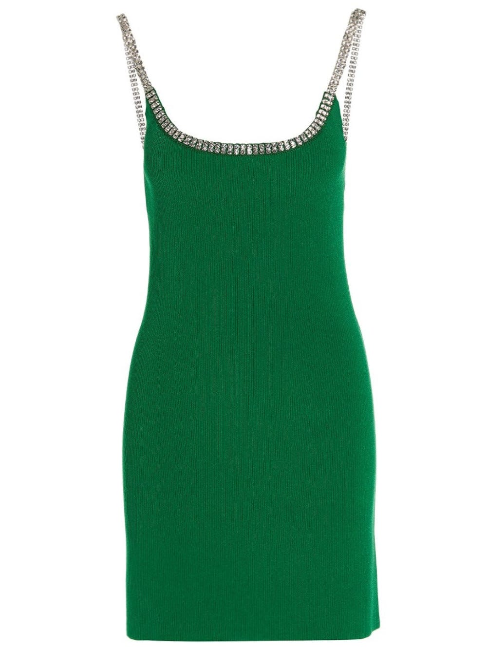 RABANNE GREEN RIBBED KNIT SHORT DRESS WITH JEWELED STRAPS