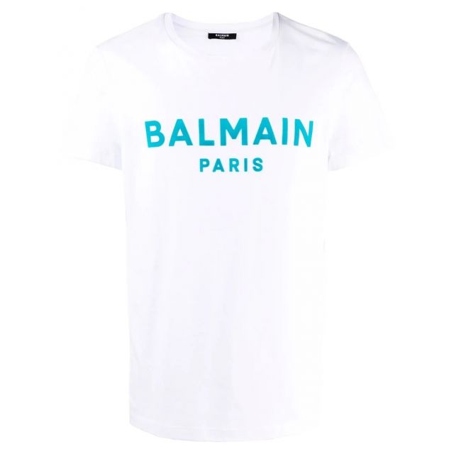 White cotton T-shirt with blue Balmain Paris logo print