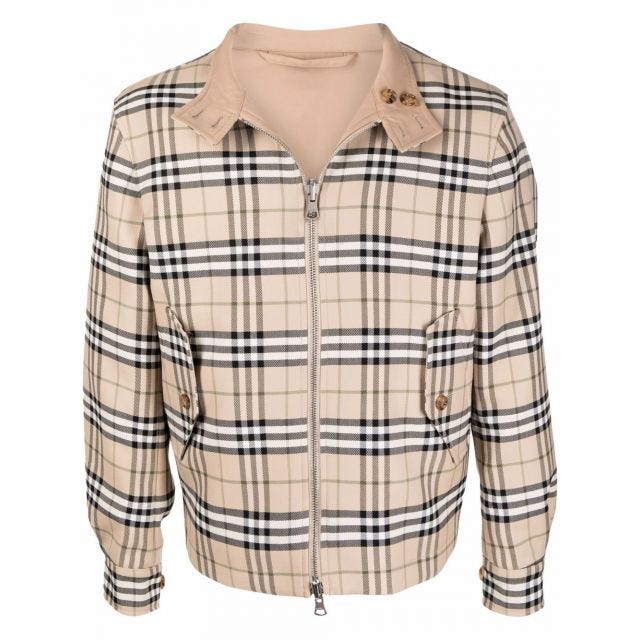Beige Reversible Check Wool Cotton Harrington Jacket