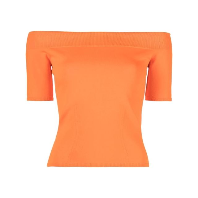 Top arancione in maglia con manica a tre quarti con spalle scoperte