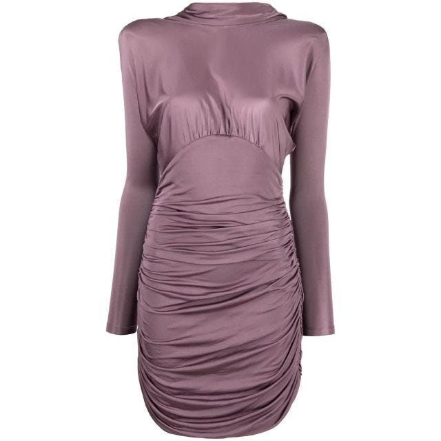 Short high-neck dress with purple ruffles