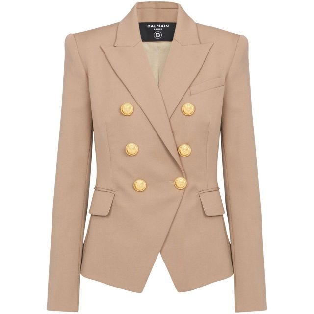 Beige double-breasted blazer with gold buttons