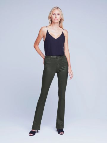 Jeans a vita alta Selma in denim spalmato verde militare