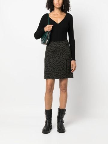 Green leopard print short flared skirt