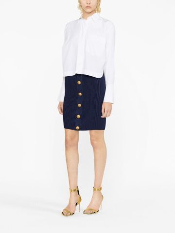 Blue pencil skirt with gold buttons