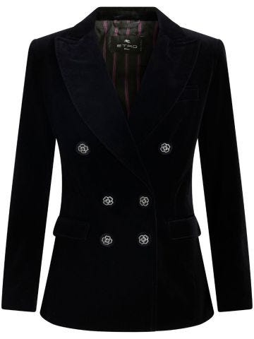 Black double-breasted velvet blazer