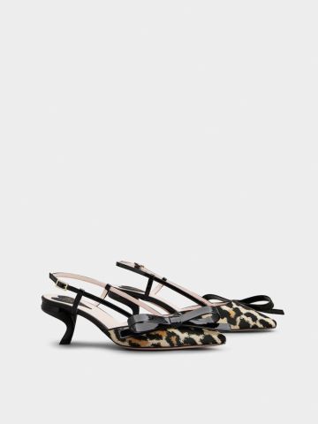 Virgule Bow Piping Slingback in Leopard Fabric