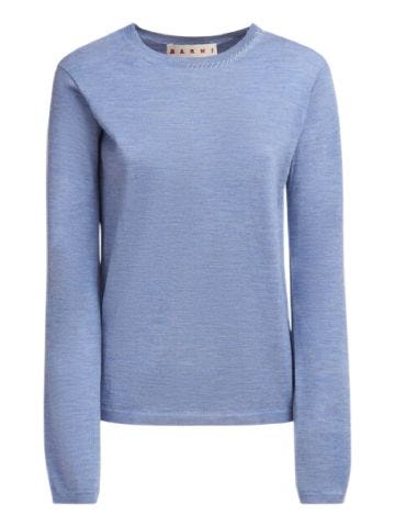 Maglione girocollo in lana-seta blu con rammendo