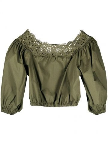 Green broderie anglaise off-shoulder cropped blouse