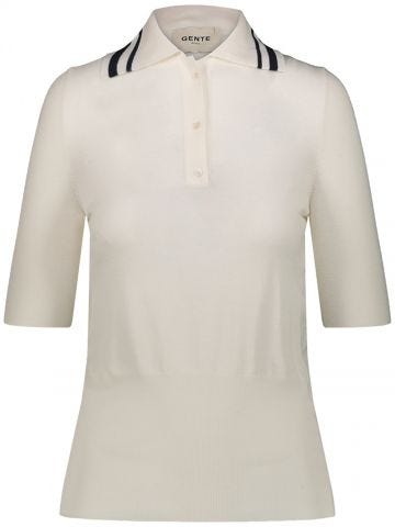 Cream fine knit Polo Shirt with blue contrasts