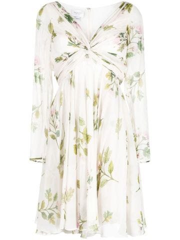 Short gathered floral-print silk dress