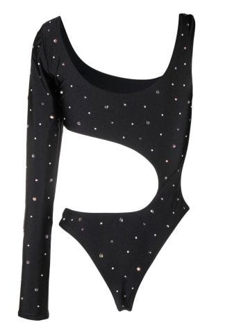 Black one-shoulder bodysuit with rhinestones