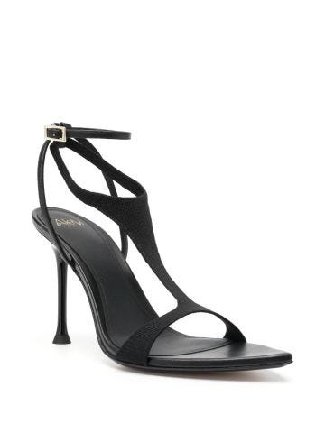 Black fabric stiletto heel sandal