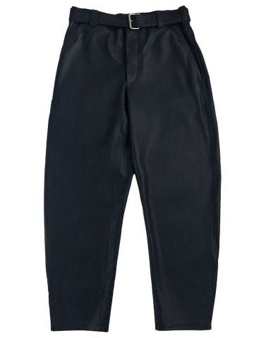 Black leather barrel-leg trousers with belt
