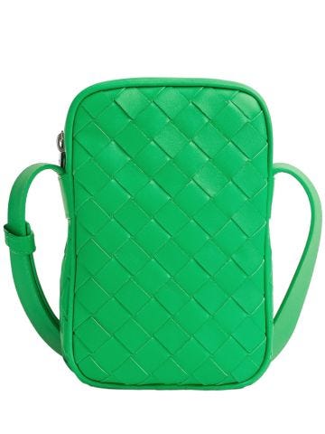 Green cross-body pouch with intrecciato pattern