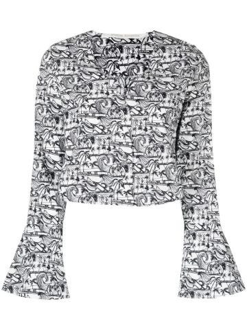 Bell-sleeved blouse with all over print