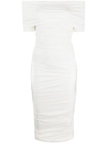 White midi dress with ruffle and open shoulders