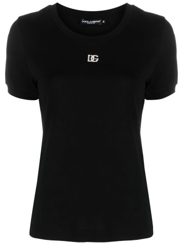 T-shirt nera con logo di cristalli