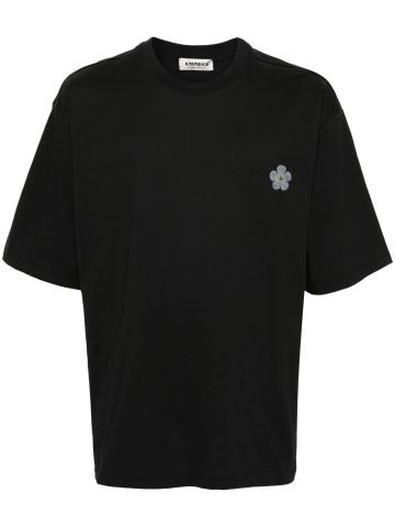 Black T-shirt with logo print and flower